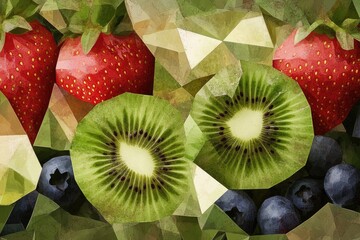 Low-poly textured image of strawberries, kiwi slices, and blueberries.  Vibrant colors, close-up view.  Geometric pattern creates a stylized effect