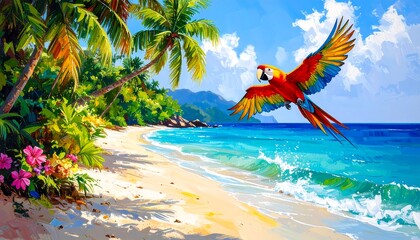 Tropical paradise beach scene with a vibrant macaw