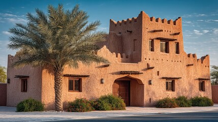 Desert-style architecture with palm tree under blue sky