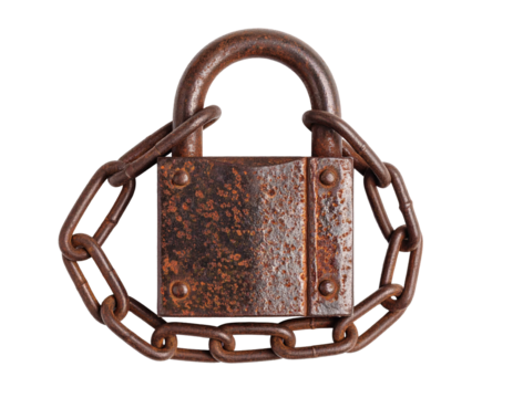 Old rusty padlock isolated on white background