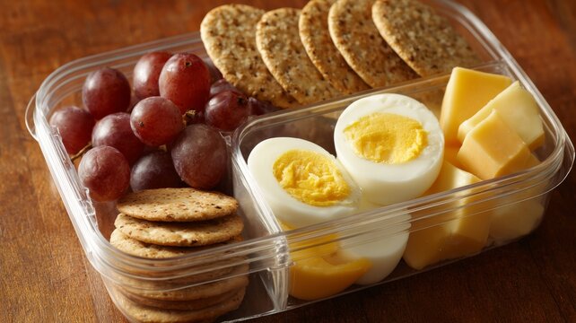 Healthy diabetic snack pack featuring grapes, cheese, hard-boiled egg, and whole grain crackers