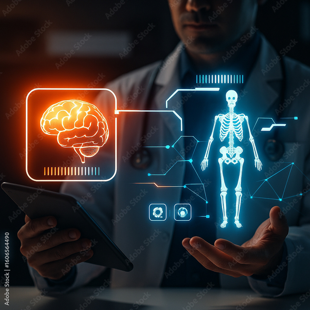Poster ai generated a doctor operates a tablet displaying a glowing holographic skeleton and brain interfac