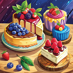 Delectable berry desserts: fresh strawberry and raspberry cheesecakes and tarts with cream