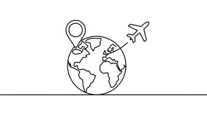 One line drawing of airplane flying from earth with location pin
