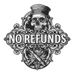 Skull and text design with ornate elements featuring "No Refunds"  