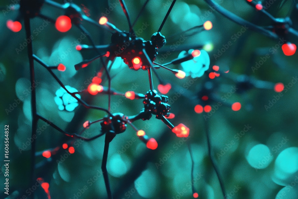 Aufkleber abstract 3d render of a network of dark branches with glowing red nodes, set against a blurred teal 