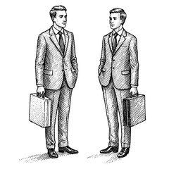 Two men with briefcases standing and talking in formal suits  