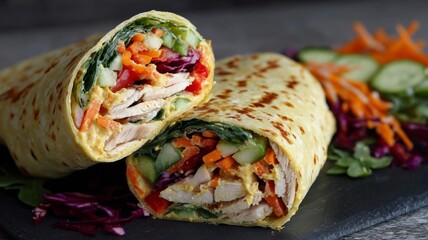 Diabetic-friendly wrap filled with chicken, vegetables, and hummus served on a slate platter