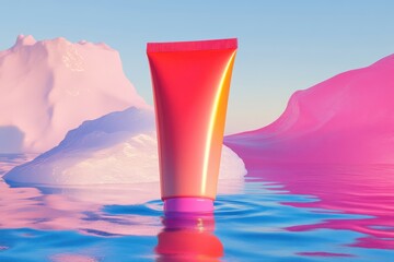 Vibrant red tube product displayed on a pastel ice landscape.