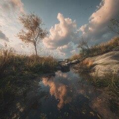 Serene landscape; still water reflects a pastel sunset sky