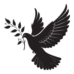 Naklejka premium Silhouette of a black dove with an olive branch in its beak flying against a white background