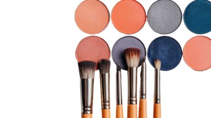 Peach, Coral, Gray, and Blue Eyeshadow Palettes with Makeup Accessories on Transparent Background

