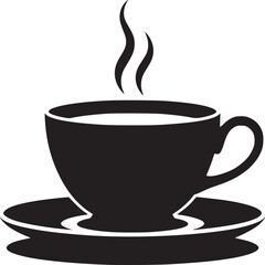 A black and white graphic of a cup of steaming coffee sitting on a saucer against a white background