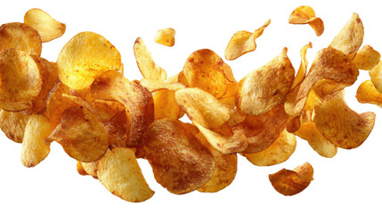 Crispy potato chips falling in air food photography studio close-up. Isolated on transparent background, png.