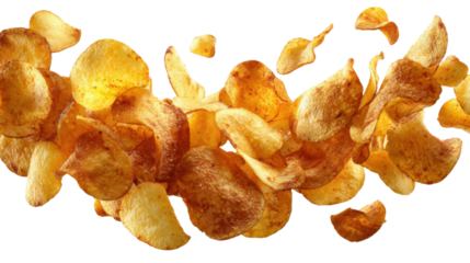 Crispy potato chips falling in air food photography studio close-up. Isolated on transparent background, png.