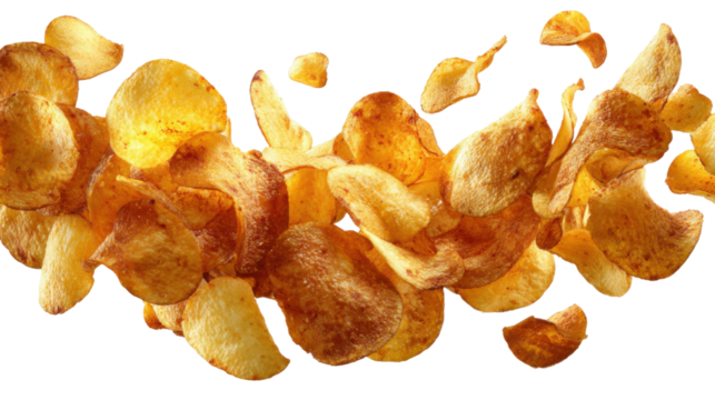 Crispy potato chips falling in air food photography studio close-up. Isolated on transparent background, png.