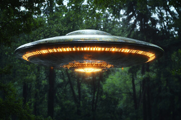 UFO hovering over dense forest with glowing lights, mysterious alien spacecraft, science fiction concept, generative ai