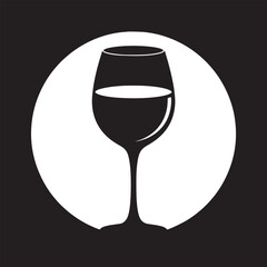 A black and white silhouette of a wine glass against a white circle on a black background design style