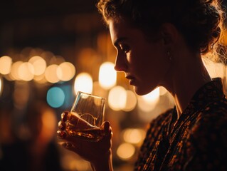 Profile of a woman savoring whiskey in a dimly lit bar, evoking a mood of elegance and sophistication.
