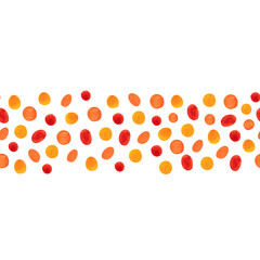 Seamless border with a pattern of red and yellow dots. Watercolor illustration hand-drawn with brushes, textured. Drawing for background, cards, textile, paper. Color, brush, texture, watercolor