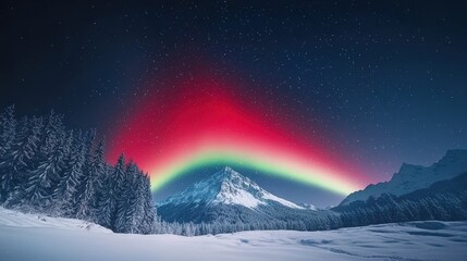 A radiant red aurora illuminating a mountain ridge, crisp night air, copy space on the left,