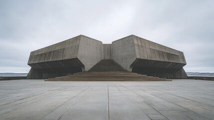Gray concrete building on a wide plaza