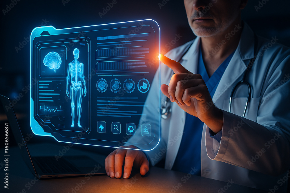 Poster ai generated futuristic doctor interacting with floating medical interface showing human anatomy dia