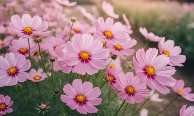 Fototapeta premium Field of pink cosmos flowers with bright yellow centers, soft and dreamy