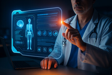 AI generated futuristic doctor interacting with floating medical interface showing human anatomy diagnostics and neural data with advanced blue glowing holographic display in dark clinical setting