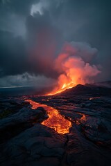Dramatic volcanic eruption with flowing lava under a stormy sky at night