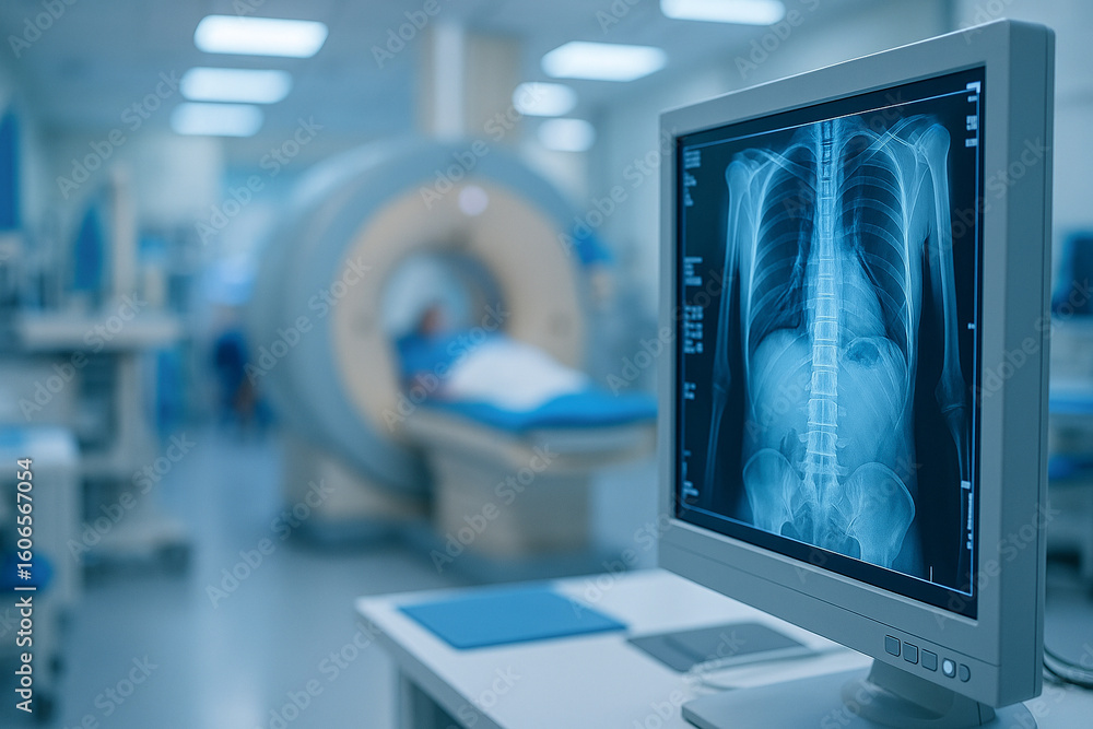 Poster ai generated high resolution scan of human chest and spine on diagnostic monitor with mri scanner an