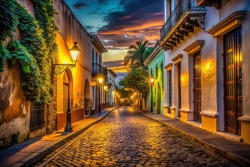 Night photography reveals the colonial zone's magic: historic Dominican Republic buildings bathed in low light, capturing old-city charm.
