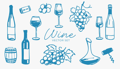 Wine-related hand-drawn elements. Vector illustration set on white background. Winemaking and wine tasting concept