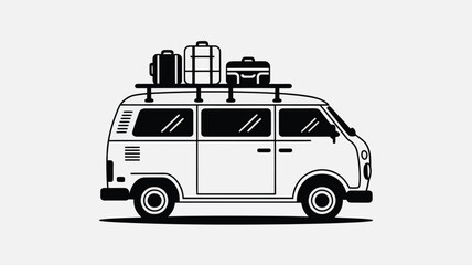 Retro Camper Van with Luggage on Top in Black and White © JJMS