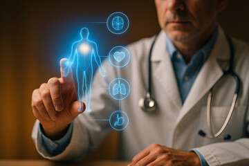 AI generated doctor interacting with holographic human body and internal organ interface in clinical setting representing digital healthcare innovation and diagnostic technology