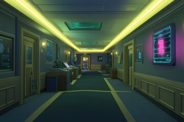 Empty corridor with glowing panels and futuristic technology.