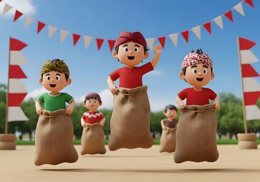 Indonesian Children's Sack Race: A Fun 3D Render of Joyful Kids - Powered by Adobe
