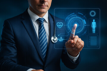AI generated businessman doctor interacts with futuristic medical interface showing health data and digital diagnostics in a modern technology healthcare concept