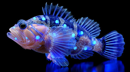 Bright Blue Glowing Fish with Bioluminescent Spots in Dark Water