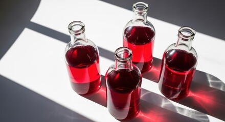 Four clear bottles filled with red liquid in bright, dappled sunlight