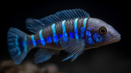 Bright Blue Neon Fish Swimming in Dark Aquarium Scene