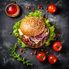 Delicious burger with beef and vegetables