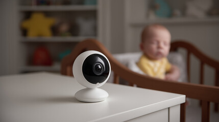 Baby Monitor Camera on White Table in Nursery with Baby in Bed