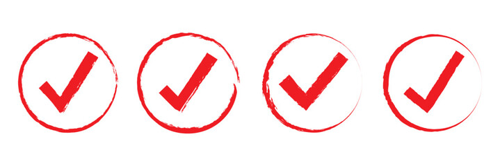 Red check mark with hand drawn brush stroke set on white background for confirmation, selection, or UI design elements.