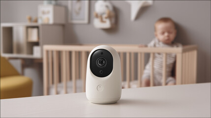 Baby Monitor Camera in Nursery Room with Baby in Crib