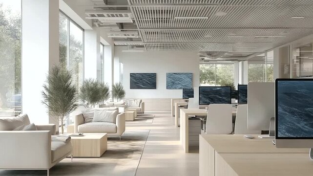 Open office layout with AI assigned seating zones and responsive displays