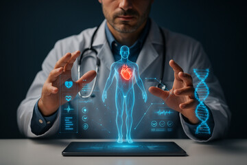 AI generated image of a doctor controlling a glowing human body hologram with heart scan and DNA helix in a futuristic diagnostic interface under blue and red light