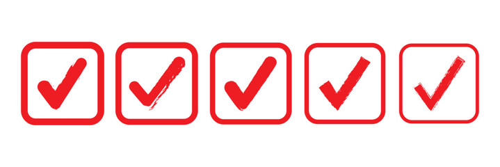 Red check mark with hand drawn brush stroke set on white background for confirmation, selection, or UI design elements.