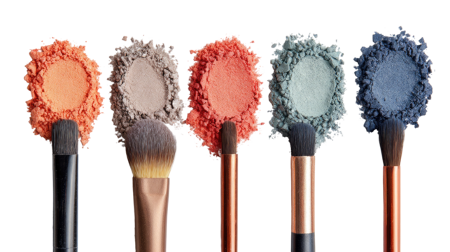 Peach, Coral, Gray, and Blue Eyeshadow Palettes with Makeup Accessories on Transparent Background

