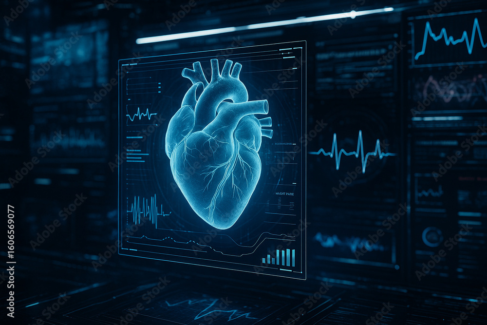 Poster ai generated ultra realistic 3d hologram of human heart in digital medical lab showing advanced diag